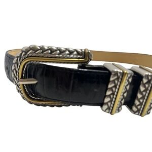 Brighton Black Leather Belt with Two-Tone Silver & Gold Buckles